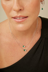 Double Cut Silver Necklace, White Rhodium, Natural Green Agate  + Give Hope Gift